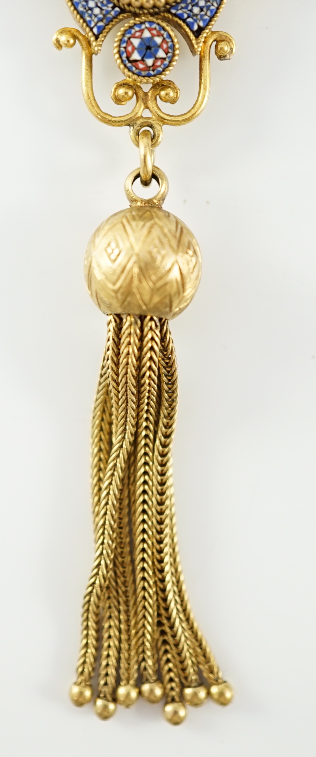 A 19th century gold and micro mosaic tassel drop pendant